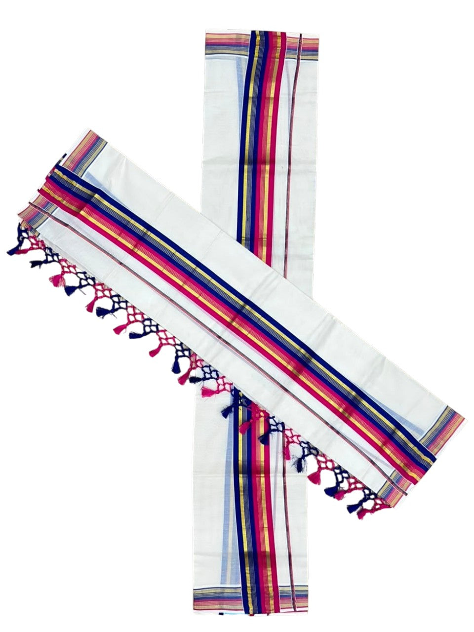 Southloom Kerala Cotton Kasavu Single Set Mundu (Mundum Neriyathum) with Pink and Blue Border SLKK SL518