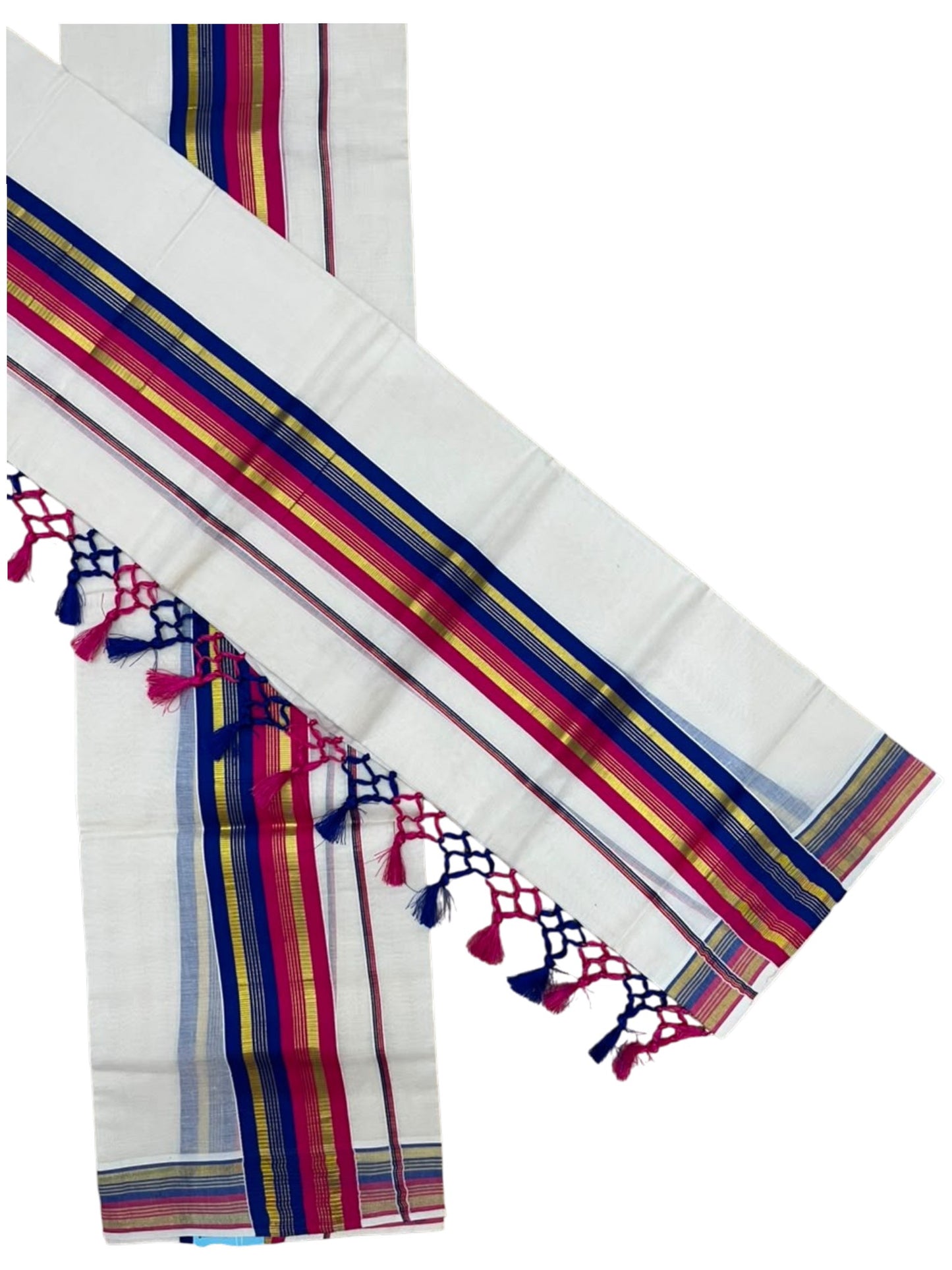 Southloom Kerala Cotton Kasavu Single Set Mundu (Mundum Neriyathum) with Pink and Blue Border SLKK SL518
