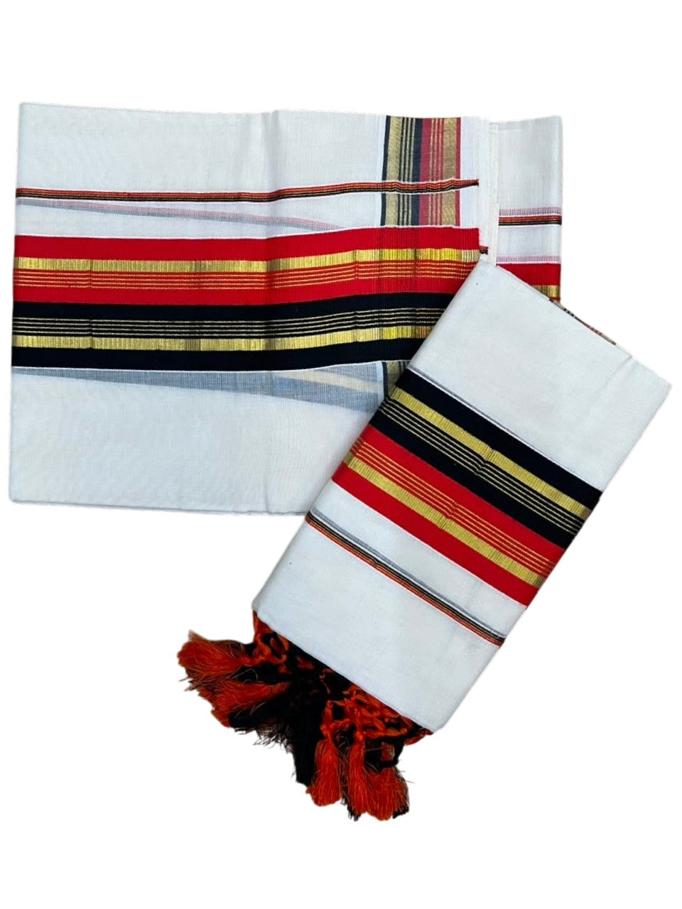 Southloom Kerala Cotton Kasavu Single Set Mundu (Mundum Neriyathum) with Orange and Black Border SLKK SL518