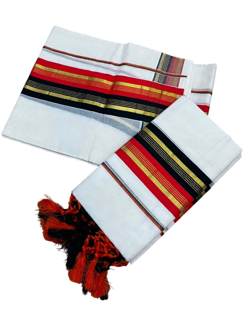 Southloom Kerala Cotton Kasavu Single Set Mundu (Mundum Neriyathum) with Orange and Black Border SLKK SL518