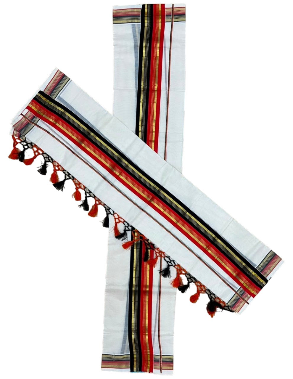 Southloom Kerala Cotton Kasavu Single Set Mundu (Mundum Neriyathum) with Orange and Black Border SLKK SL518