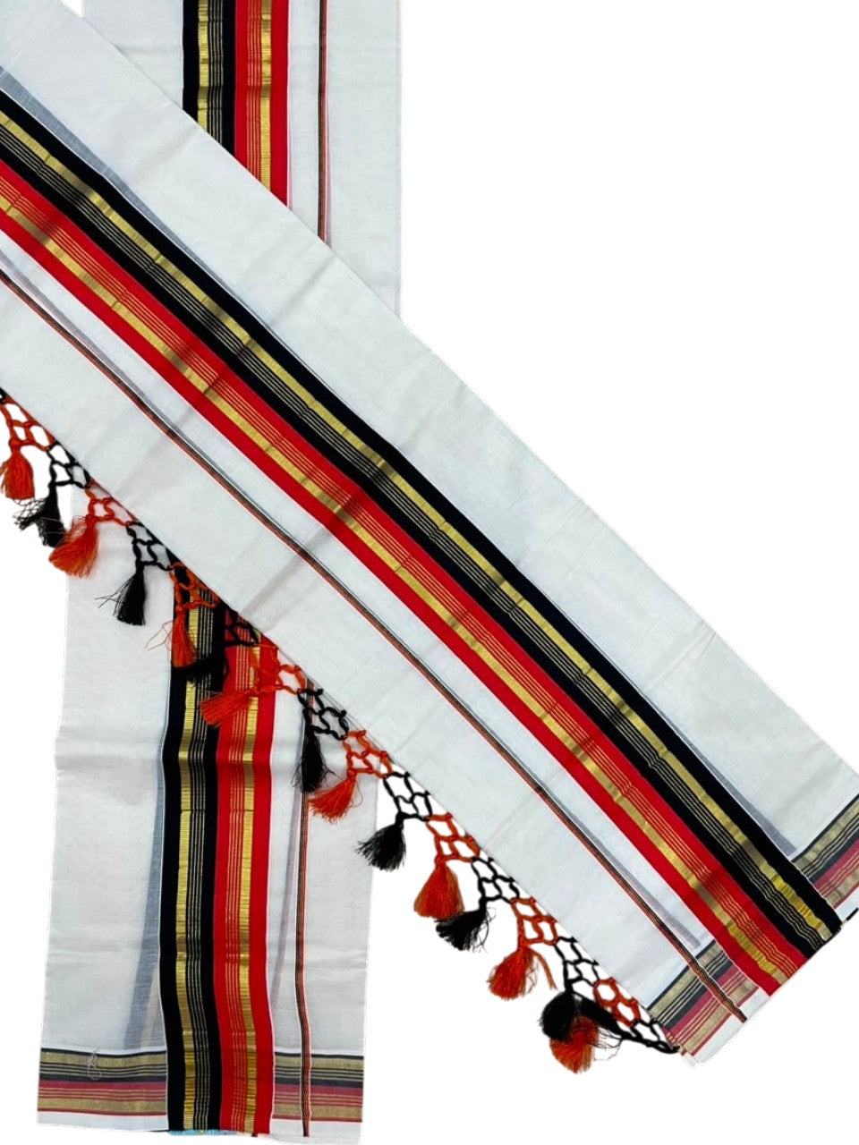 Southloom Kerala Cotton Kasavu Single Set Mundu (Mundum Neriyathum) with Orange and Black Border SLKK SL518