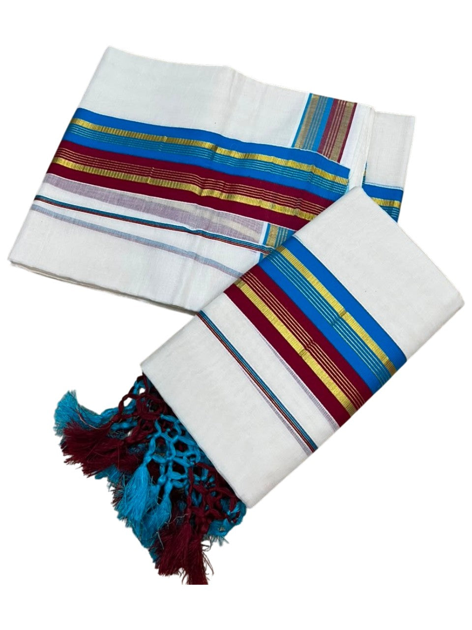 Southloom Kerala Cotton Kasavu Single Set Mundu (Mundum Neriyathum) with Maroon and Blue Border SLKK SL518