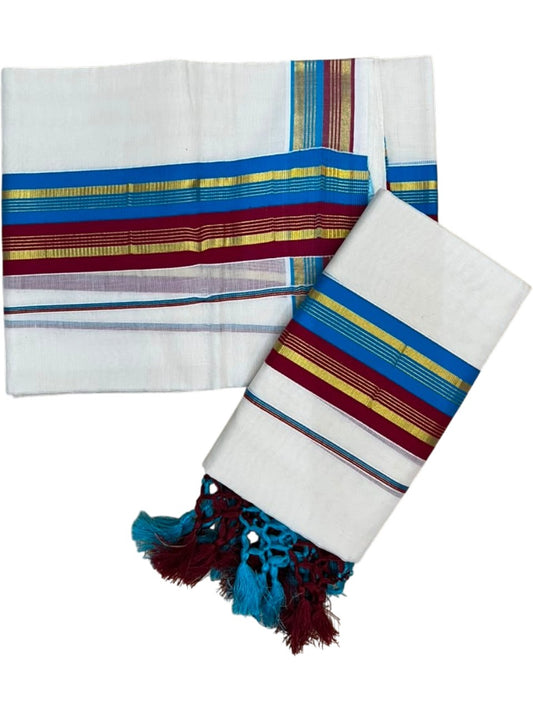 Southloom Kerala Cotton Kasavu Single Set Mundu (Mundum Neriyathum) with Maroon and Blue Border SLKK SL518