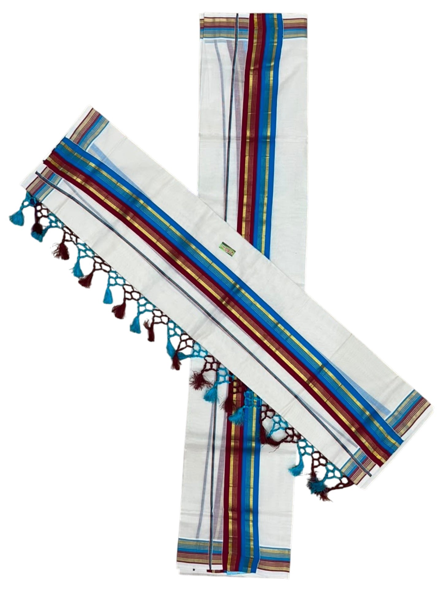 Southloom Kerala Cotton Kasavu Single Set Mundu (Mundum Neriyathum) with Maroon and Blue Border SLKK SL518
