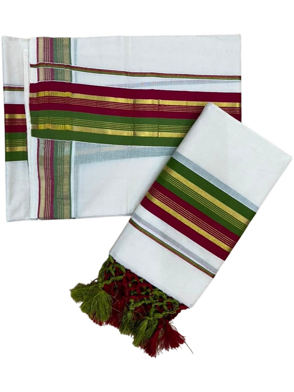 Southloom Kerala Cotton Kasavu Single Set Mundu (Mundum Neriyathum) with Maroon and  Olive Green Border SLKK SL518