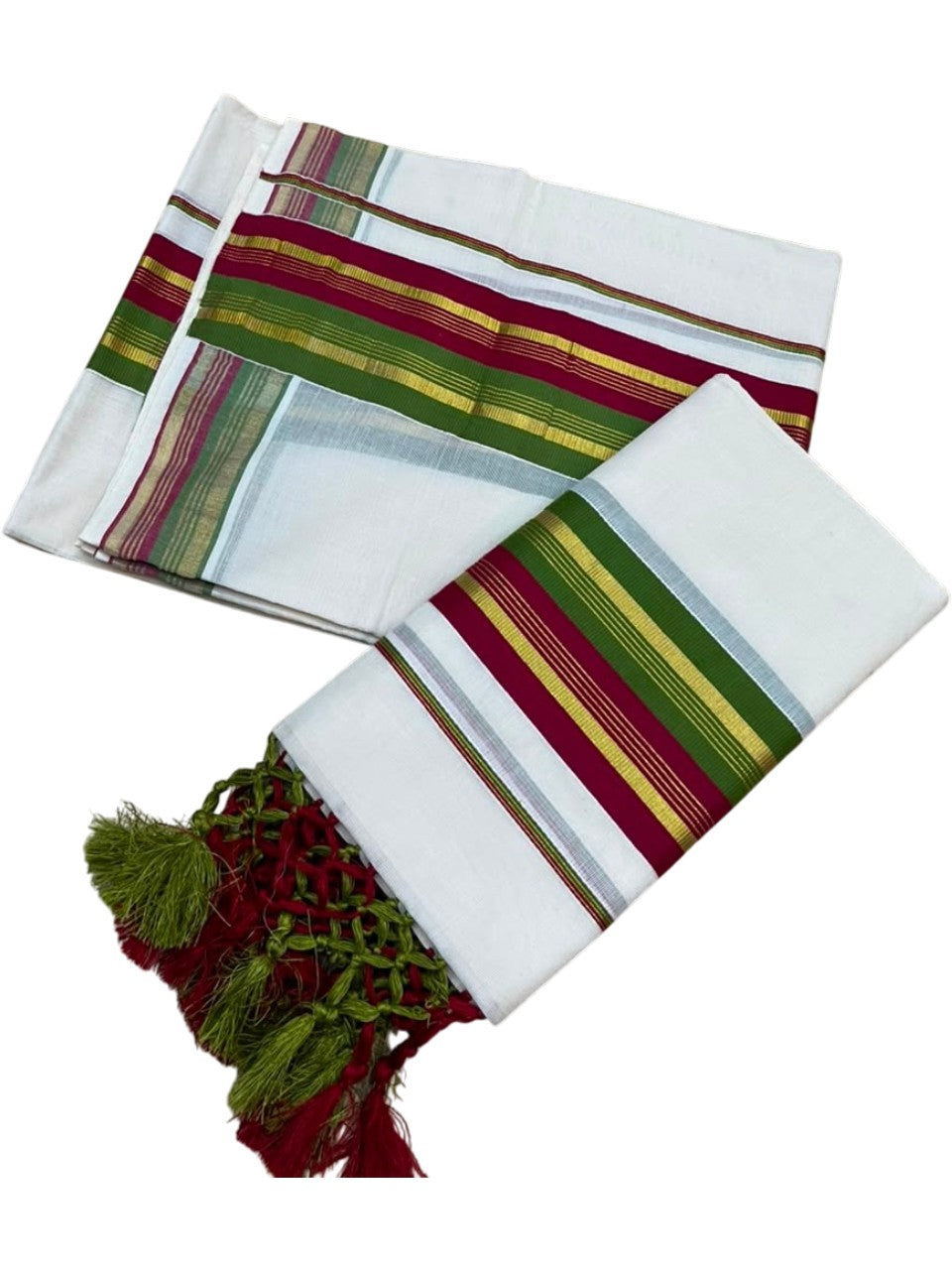 Southloom Kerala Cotton Kasavu Single Set Mundu (Mundum Neriyathum) with Maroon and  Olive Green Border SLKK SL518