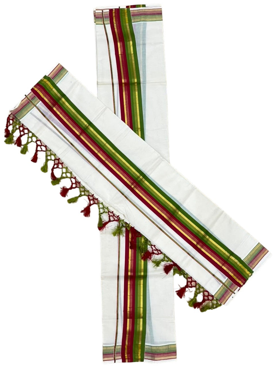Southloom Kerala Cotton Kasavu Single Set Mundu (Mundum Neriyathum) with Maroon and  Olive Green Border SLKK SL518