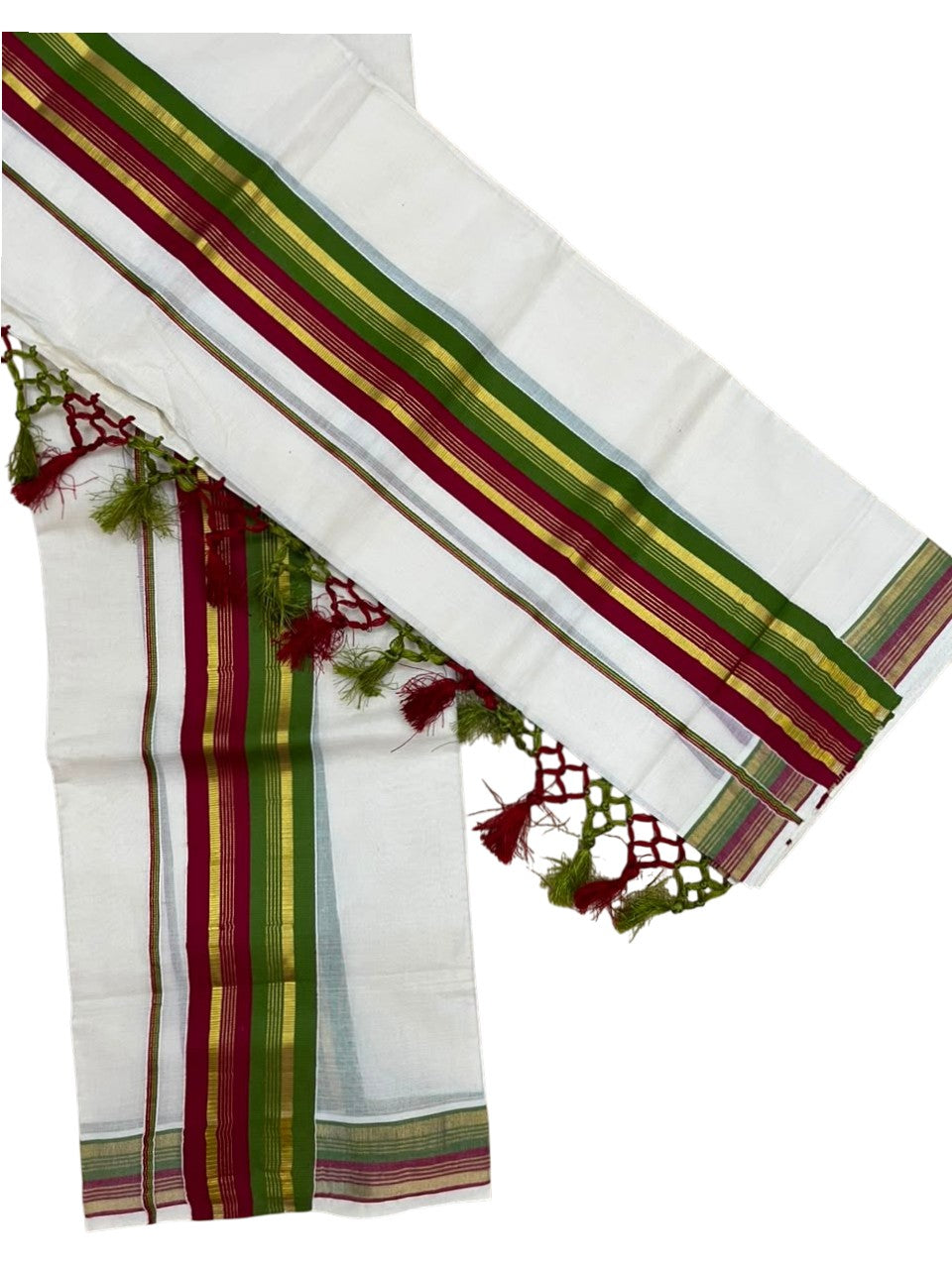 Southloom Kerala Cotton Kasavu Single Set Mundu (Mundum Neriyathum) with Maroon and  Olive Green Border SLKK SL518