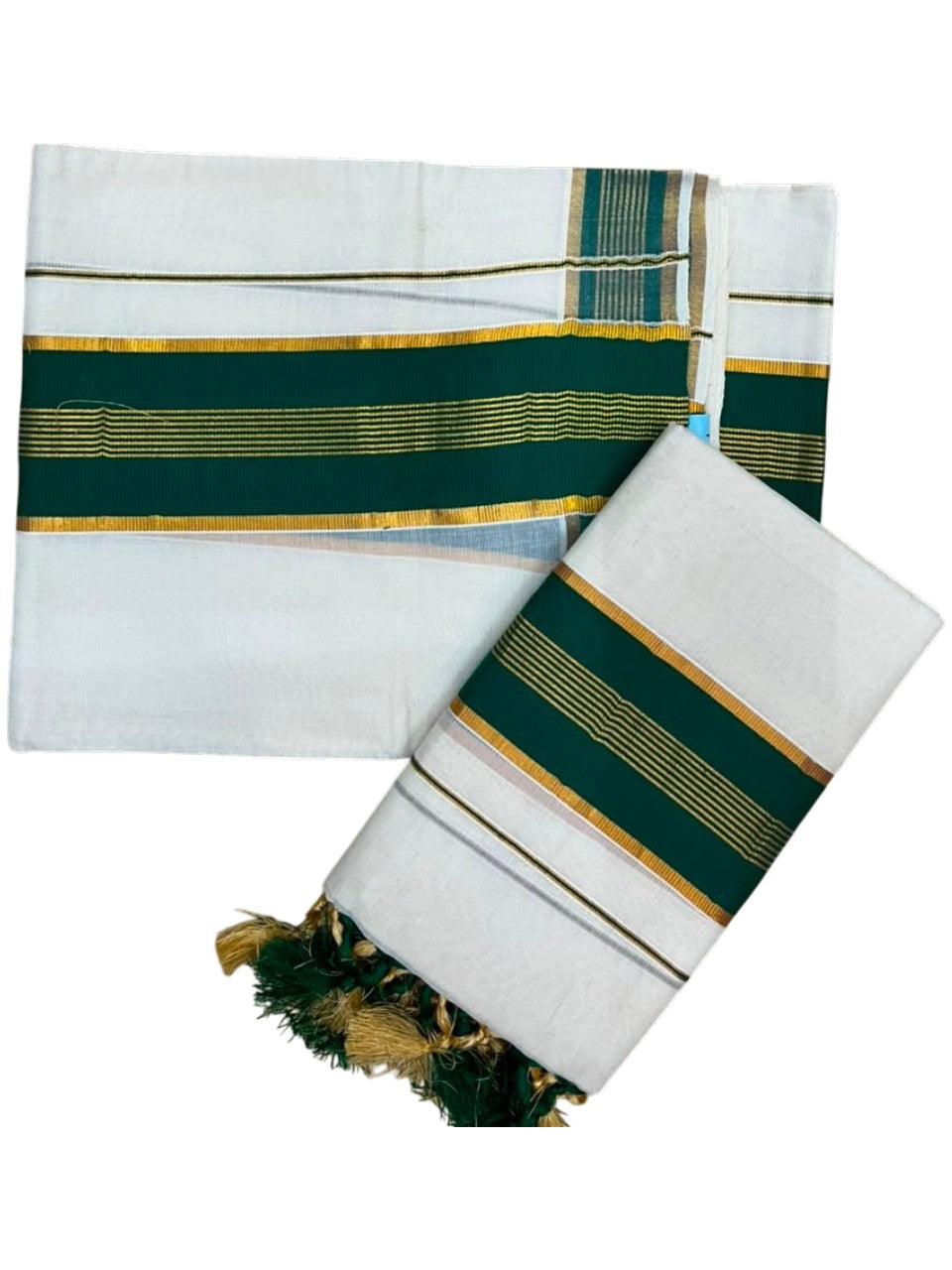 Southloom Kerala Cotton Kasavu Single Set Mundu (Mundum Neriyathum) with Green Border SLKK SL518