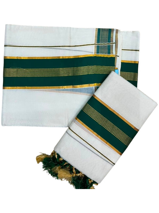Southloom Kerala Cotton Kasavu Single Set Mundu (Mundum Neriyathum) with Green Border SLKK SL518