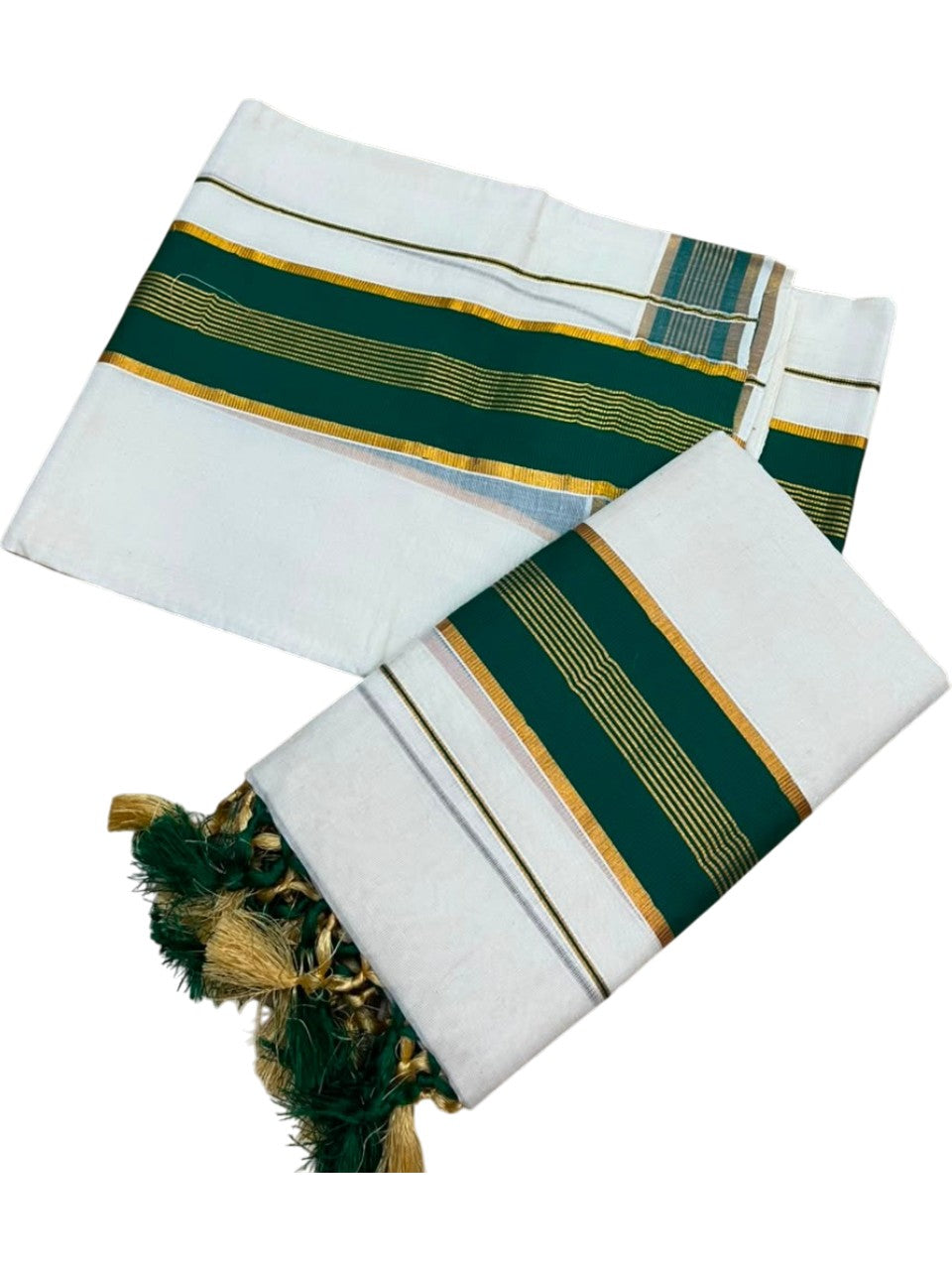 Southloom Kerala Cotton Kasavu Single Set Mundu (Mundum Neriyathum) with Green Border SLKK SL518