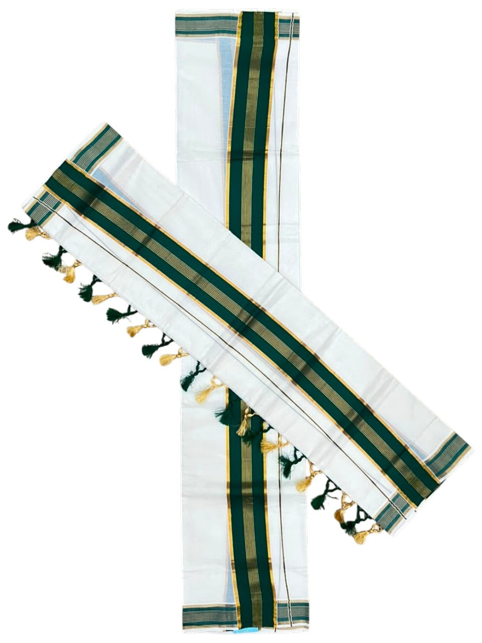 Southloom Kerala Cotton Kasavu Single Set Mundu (Mundum Neriyathum) with Green Border SLKK SL518