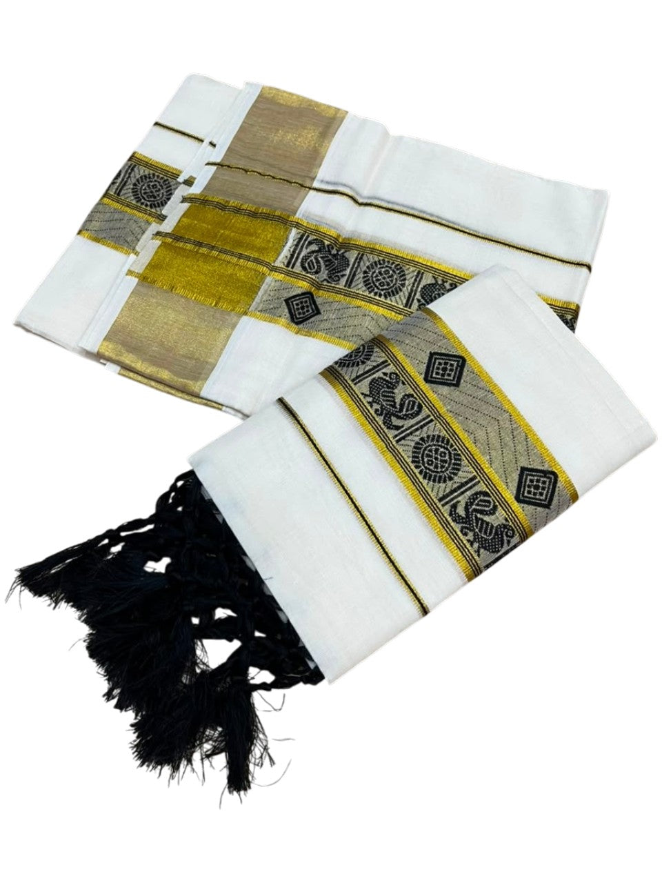 Southloom Kerala Cotton Kasavu Single Set Mundu (Mundum Neriyathum) with Peacock Design in Black SL527