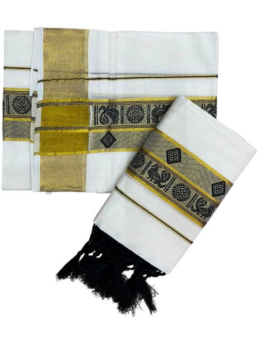 Southloom Kerala Cotton Kasavu Single Set Mundu (Mundum Neriyathum) with Peacock Design in Black SL527