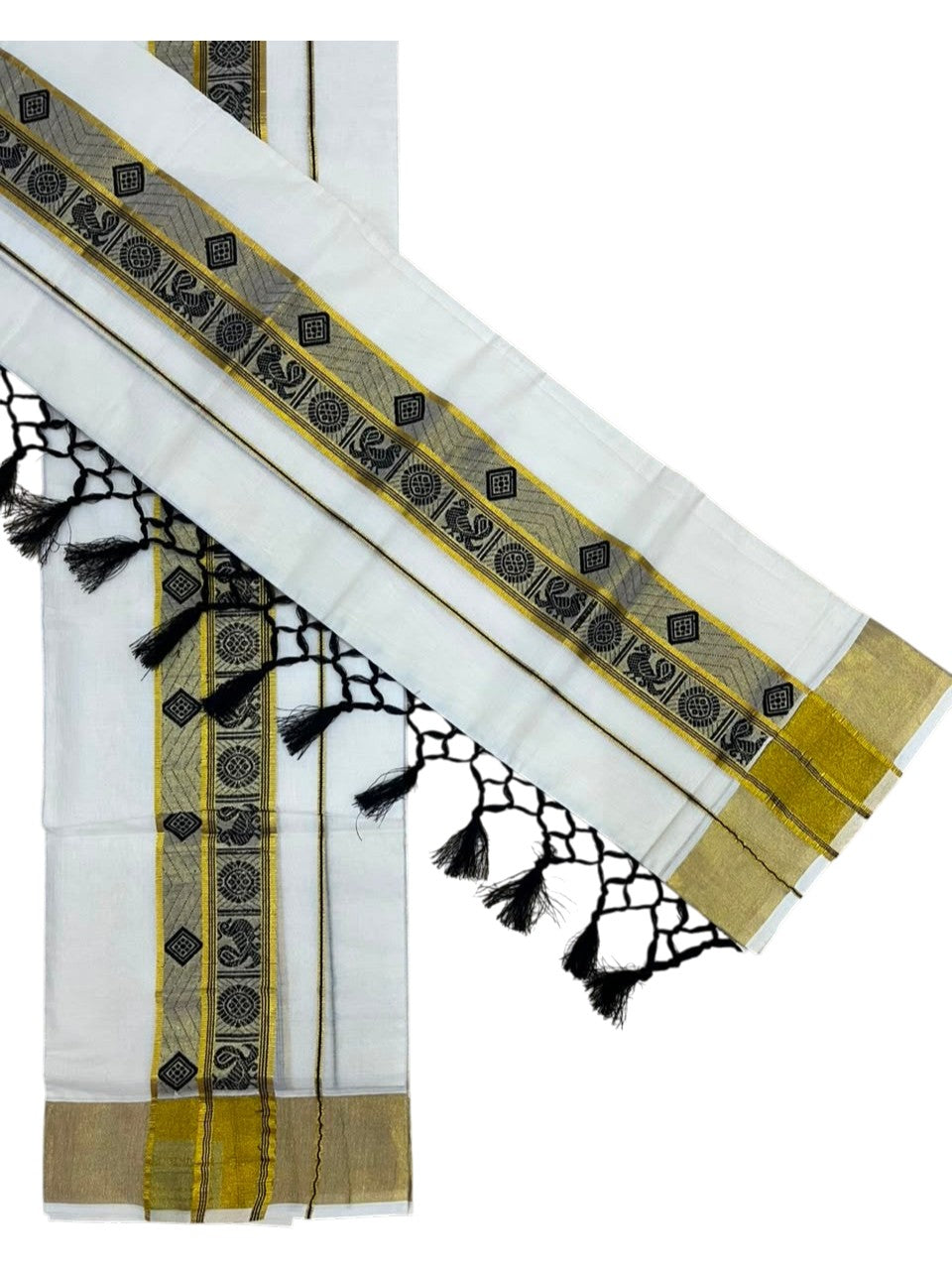 Southloom Kerala Cotton Kasavu Single Set Mundu (Mundum Neriyathum) with Peacock Design in Black SL527