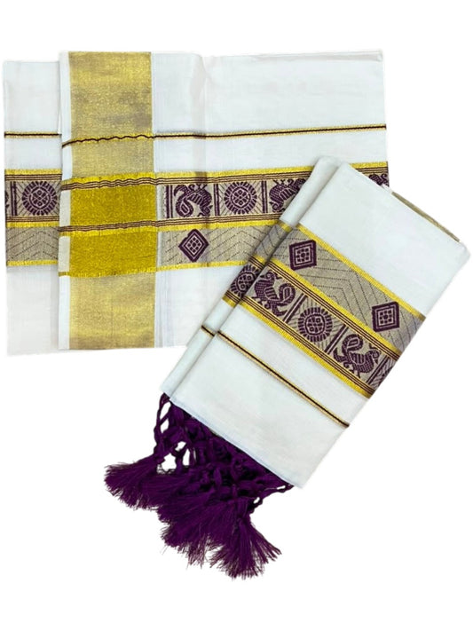 Southloom Kerala Cotton Kasavu Single Set Mundu (Mundum Neriyathum) with Peacock Design in Purple SL527