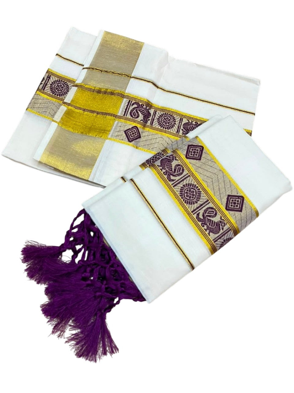 Southloom Kerala Cotton Kasavu Single Set Mundu (Mundum Neriyathum) with Peacock Design in Purple SL527