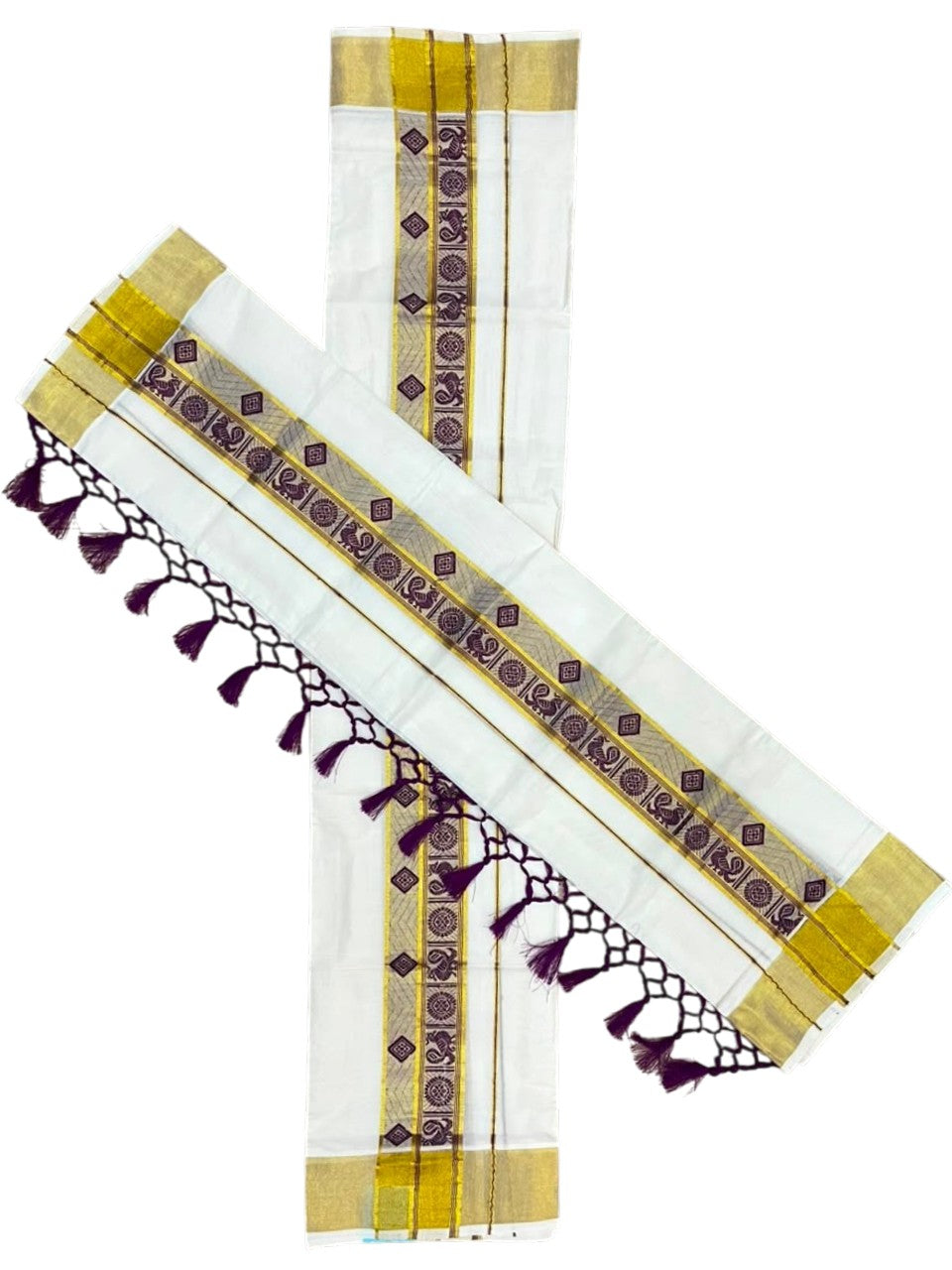 Southloom Kerala Cotton Kasavu Single Set Mundu (Mundum Neriyathum) with Peacock Design in Purple SL527