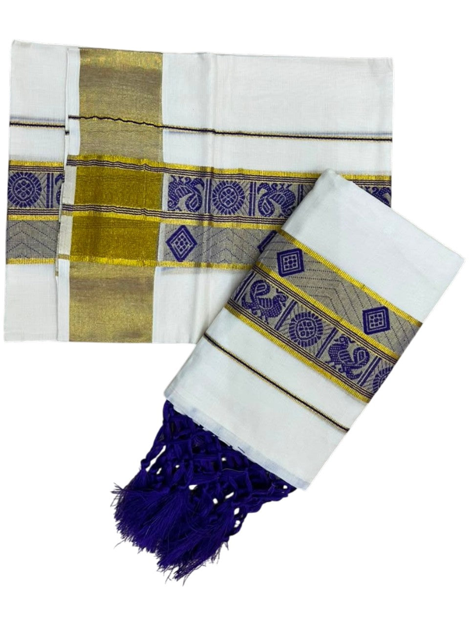 Southloom Kerala Cotton Kasavu Single Set Mundu (Mundum Neriyathum) with Peacock Design in Violet SL527