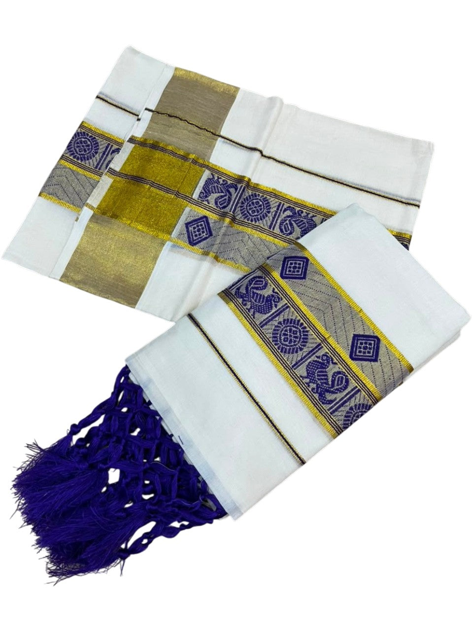 Southloom Kerala Cotton Kasavu Single Set Mundu (Mundum Neriyathum) with Peacock Design in Violet SL527