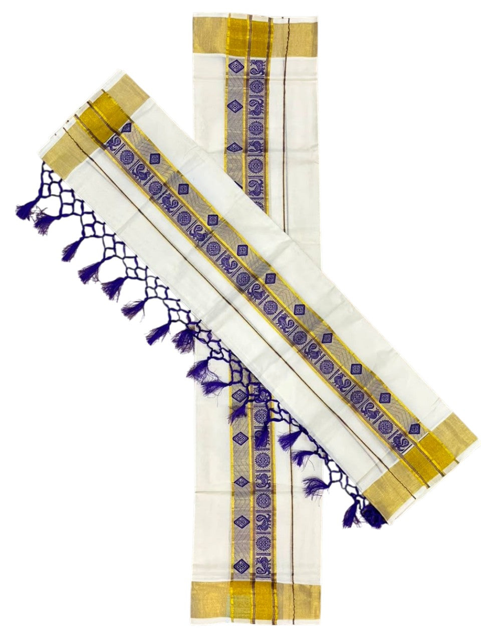 Southloom Kerala Cotton Kasavu Single Set Mundu (Mundum Neriyathum) with Peacock Design in Violet SL527