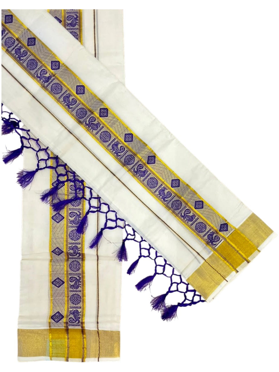 Southloom Kerala Cotton Kasavu Single Set Mundu (Mundum Neriyathum) with Peacock Design in Violet SL527