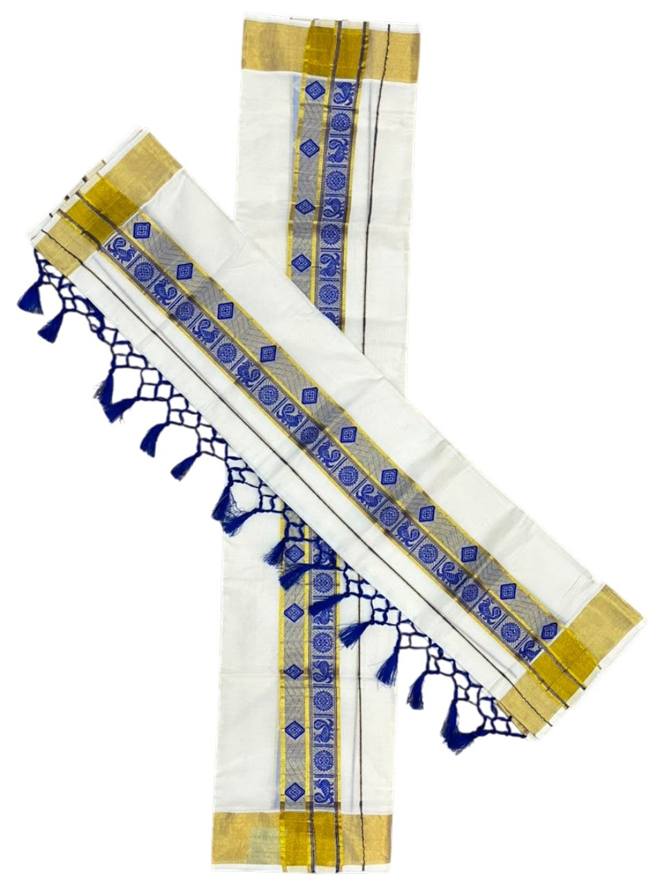 Southloom Kerala Cotton Kasavu Single Set Mundu (Mundum Neriyathum) with Peacock Design in Blue SL527