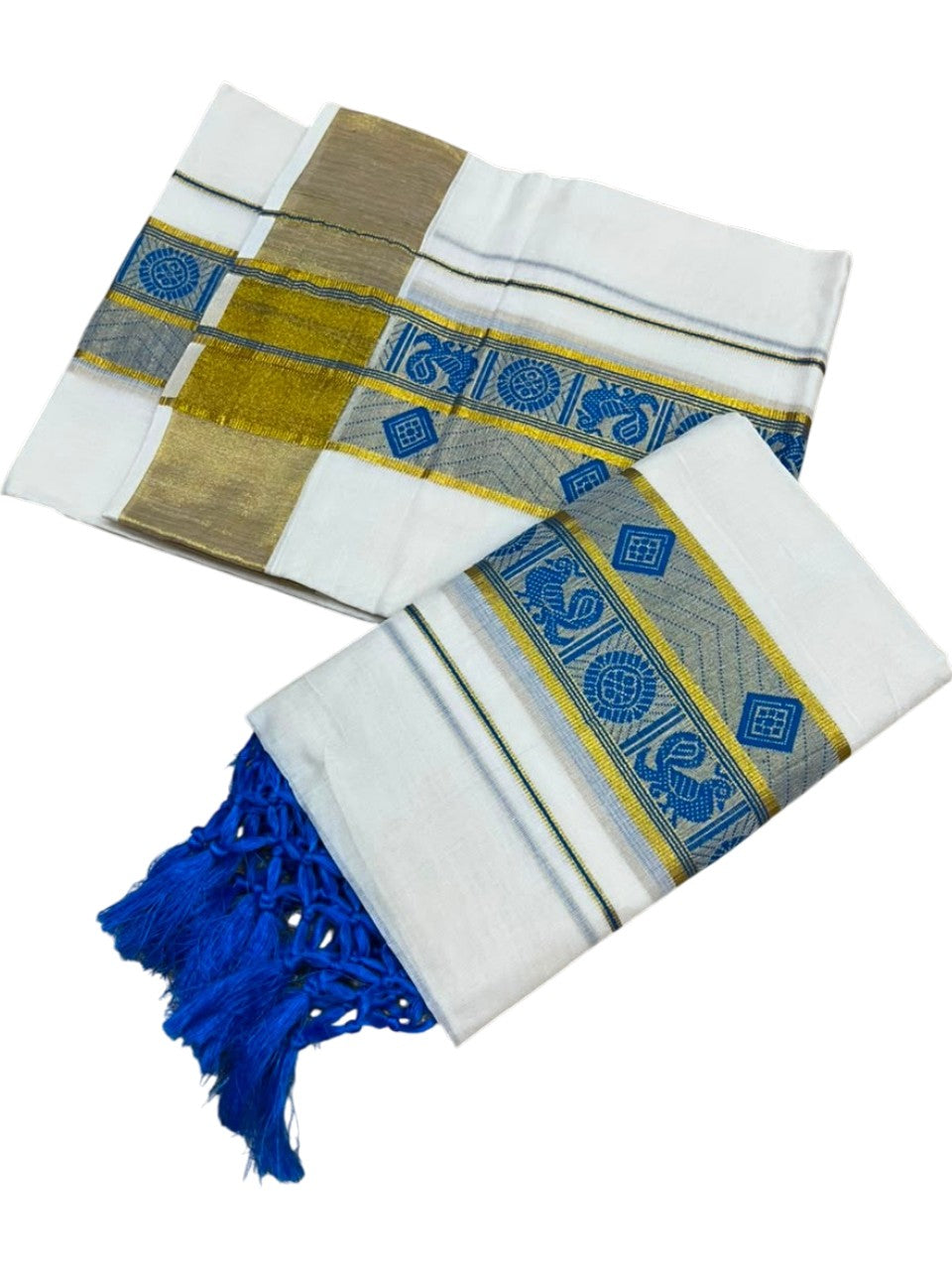 Southloom Kerala Cotton Kasavu Single Set Mundu (Mundum Neriyathum) with Peacock Design in Blue SL527