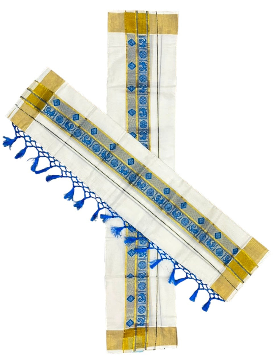 Southloom Kerala Cotton Kasavu Single Set Mundu (Mundum Neriyathum) with Peacock Design in Blue SL527
