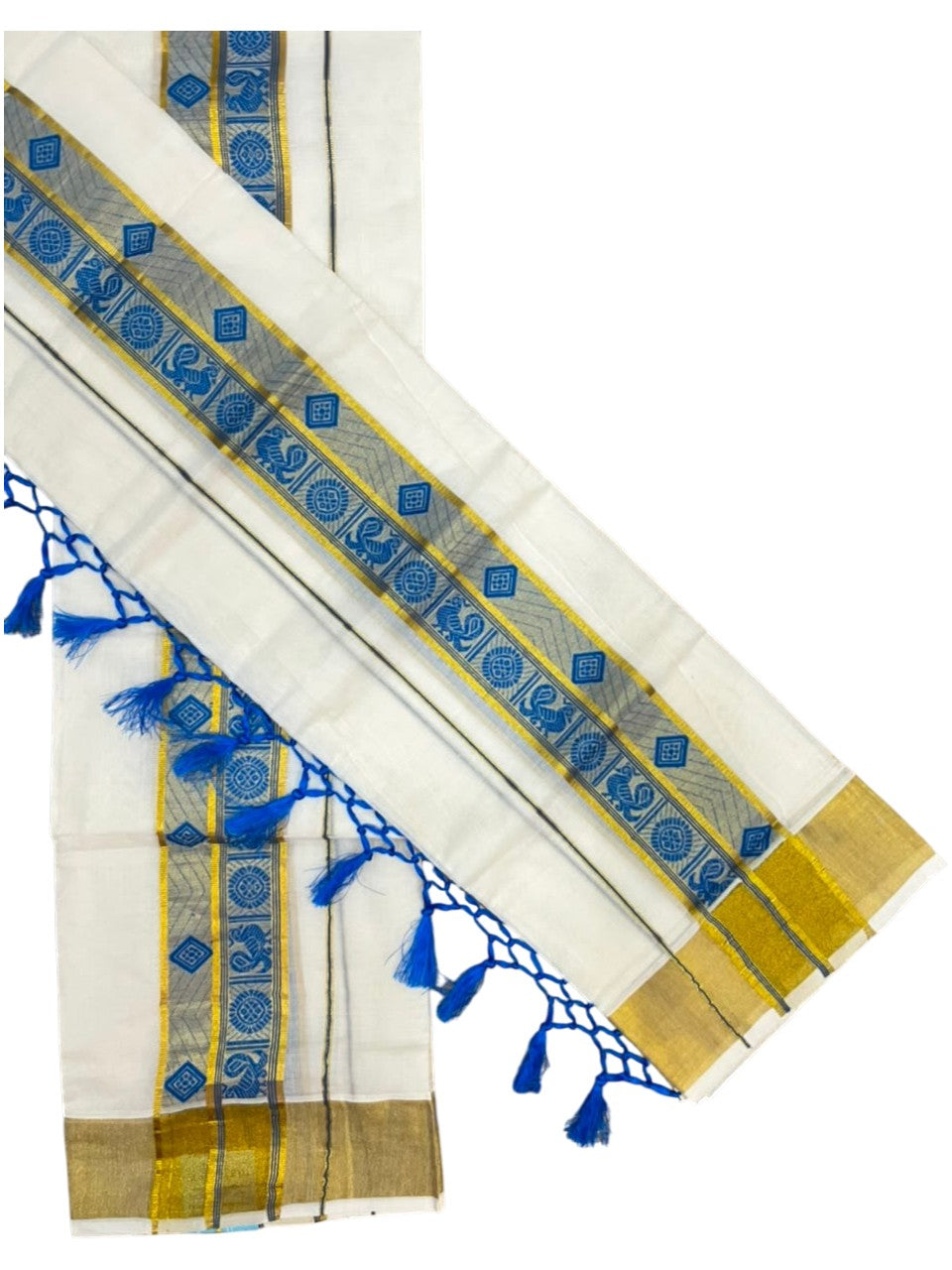 Southloom Kerala Cotton Kasavu Single Set Mundu (Mundum Neriyathum) with Peacock Design in Blue SL527