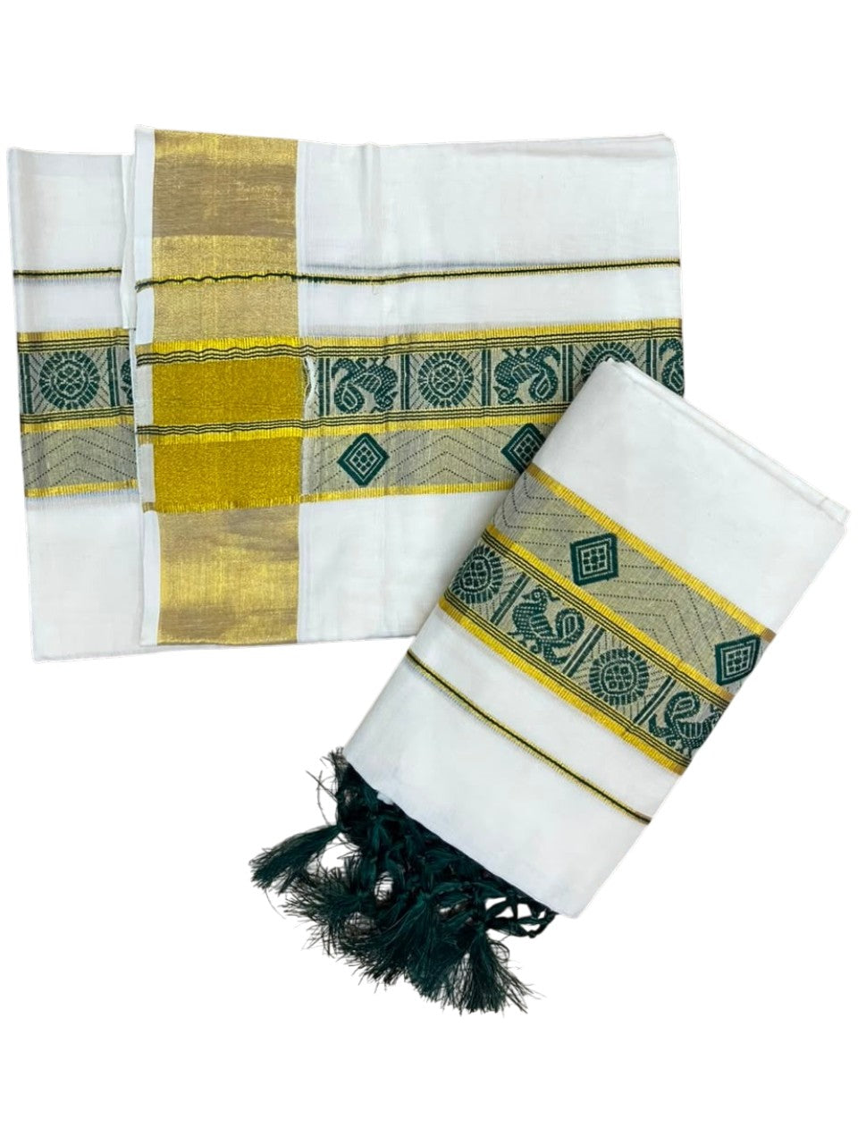 Southloom Kerala Cotton Kasavu Single Set Mundu (Mundum Neriyathum) with Peacock Design in Green SL527