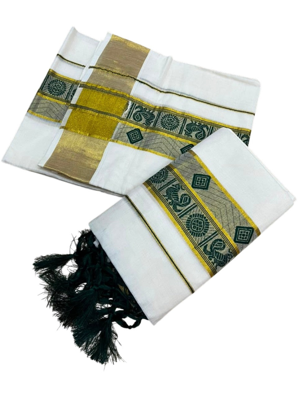 Southloom Kerala Cotton Kasavu Single Set Mundu (Mundum Neriyathum) with Peacock Design in Green SL527
