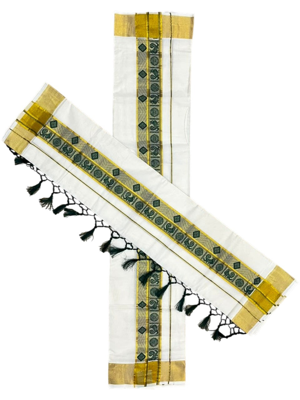 Southloom Kerala Cotton Kasavu Single Set Mundu (Mundum Neriyathum) with Peacock Design in Green SL527