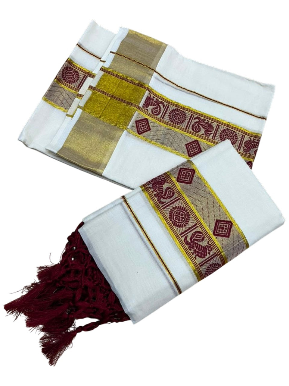Southloom Kerala Cotton Kasavu Single Set Mundu (Mundum Neriyathum) with Peacock Design in Maroon SL527