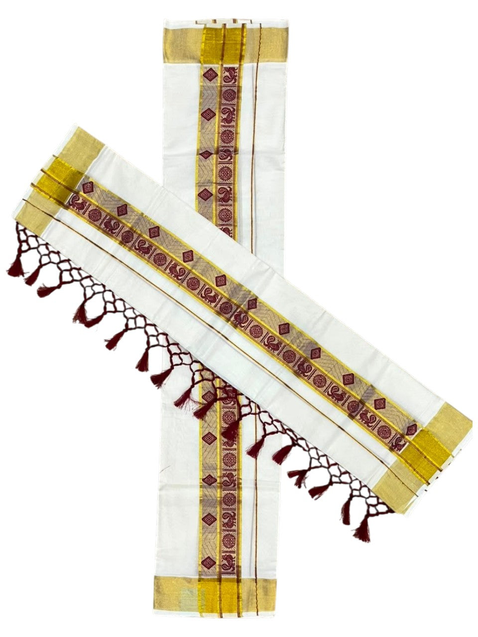Southloom Kerala Cotton Kasavu Single Set Mundu (Mundum Neriyathum) with Peacock Design in Maroon SL527