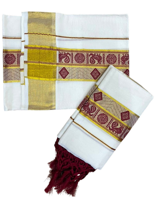 Southloom Kerala Cotton Kasavu Single Set Mundu (Mundum Neriyathum) with Peacock Design in Maroon SL527