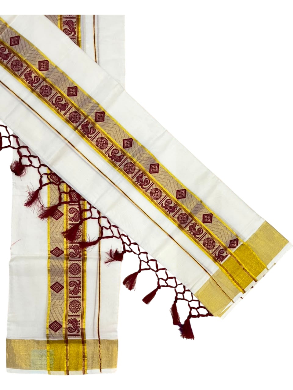 Southloom Kerala Cotton Kasavu Single Set Mundu (Mundum Neriyathum) with Peacock Design in Maroon SL527
