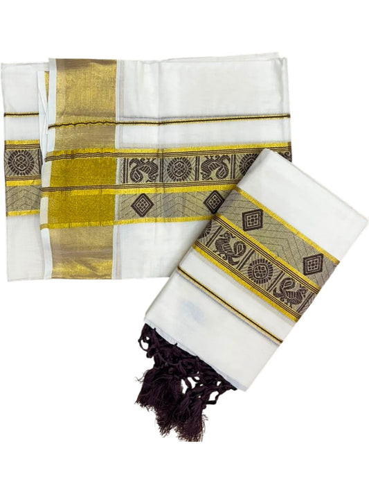 Southloom Kerala Cotton Kasavu Single Set Mundu (Mundum Neriyathum) with Peacock Design in Brown SL527