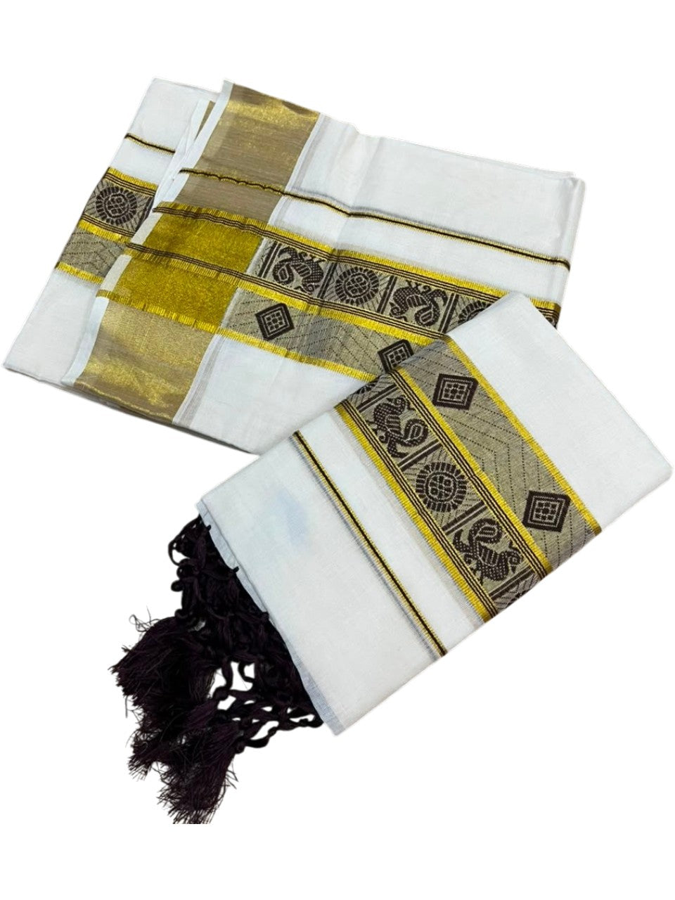 Southloom Kerala Cotton Kasavu Single Set Mundu (Mundum Neriyathum) with Peacock Design in Brown SL527