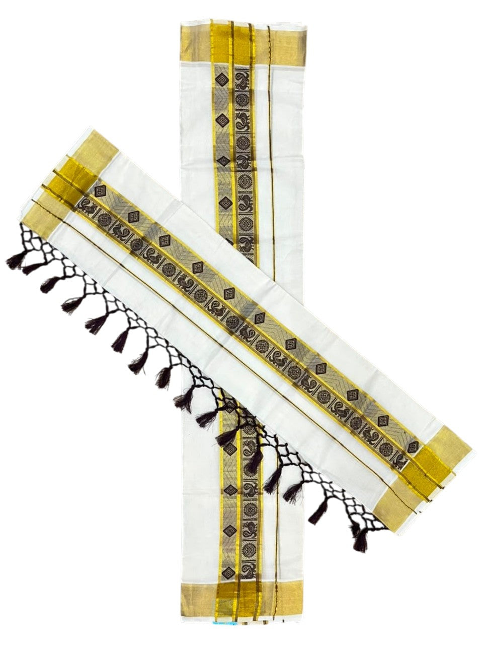 Southloom Kerala Cotton Kasavu Single Set Mundu (Mundum Neriyathum) with Peacock Design in Brown SL527
