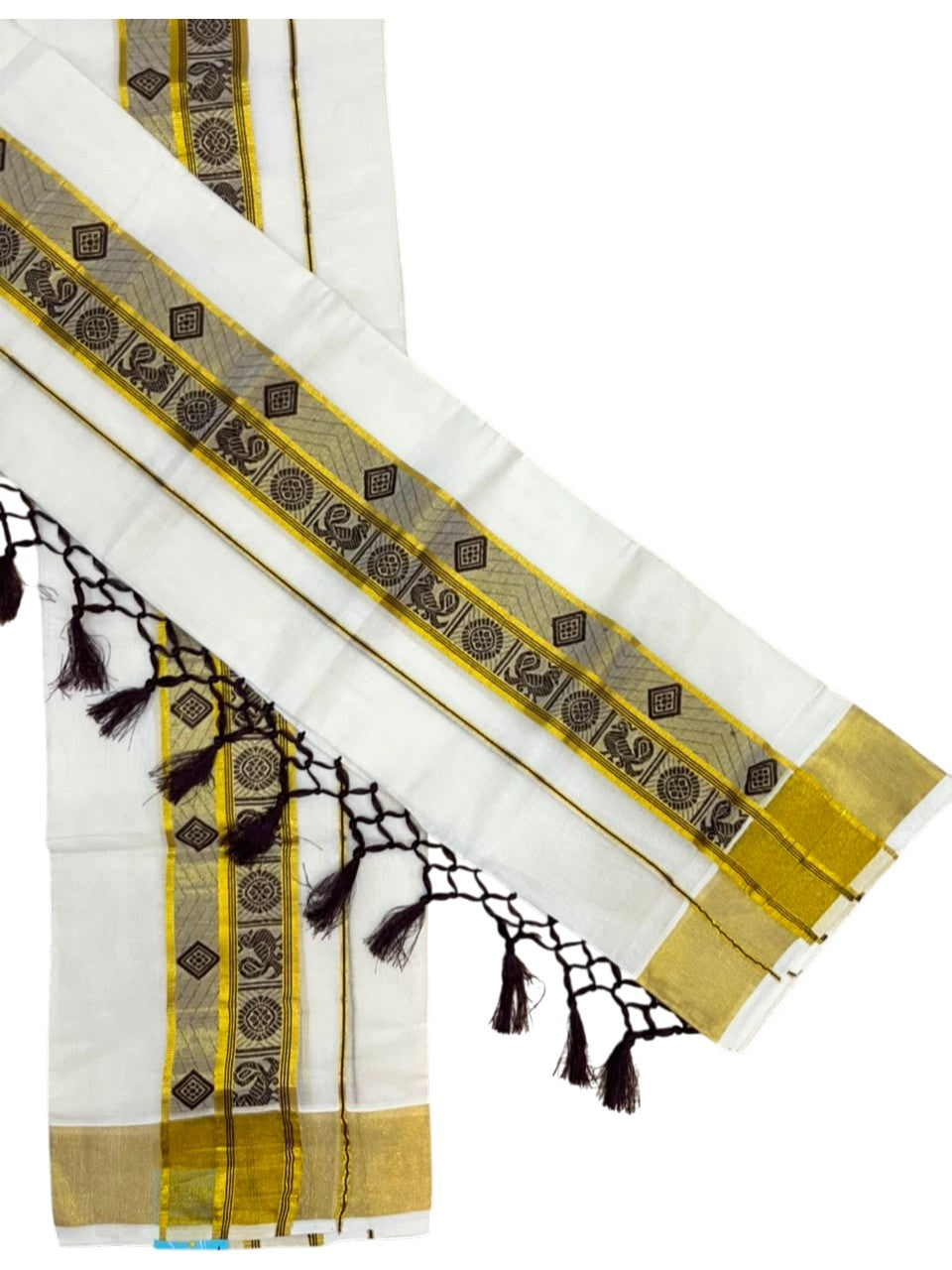 Southloom Kerala Cotton Kasavu Single Set Mundu (Mundum Neriyathum) with Peacock Design in Brown SL527