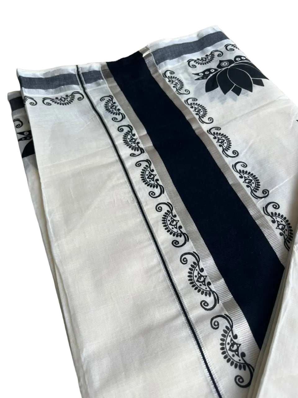 Southloom Kerala Cotton Lotus Printed Saree With Black and Silver Border SL530
