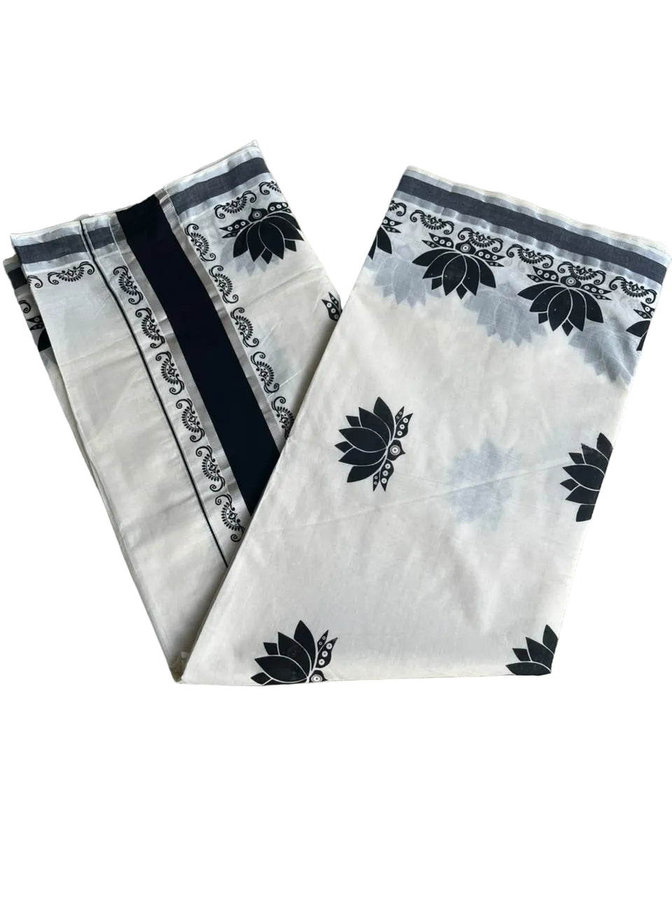 Southloom Kerala Cotton Lotus Printed Saree With Black and Silver Border SL530