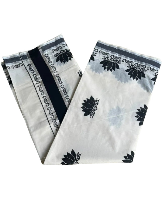 Southloom Kerala Cotton Lotus Printed Saree With Black and Silver Border SL530