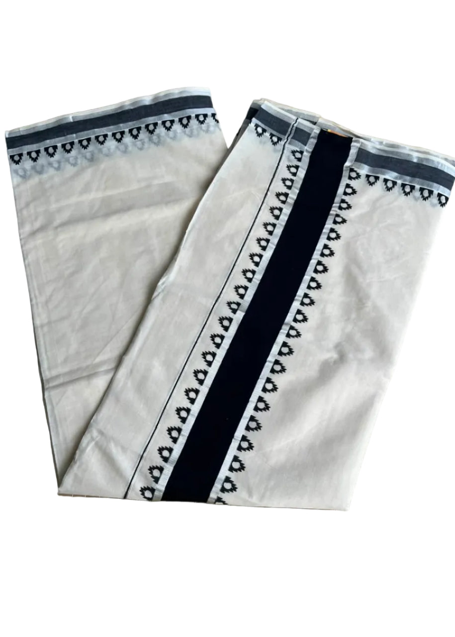 Southloom Kerala Cotton Temple Printed Saree With Black and Silver Border SL530