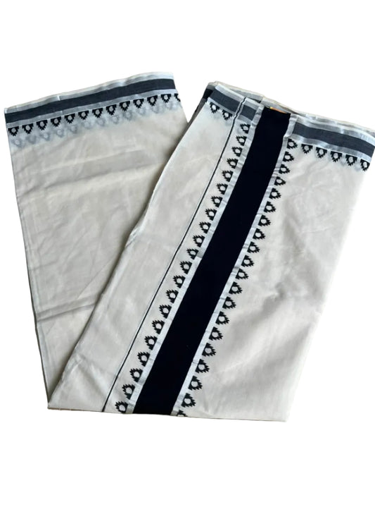 Southloom Kerala Cotton Temple Printed Saree With Black and Silver Border SL530