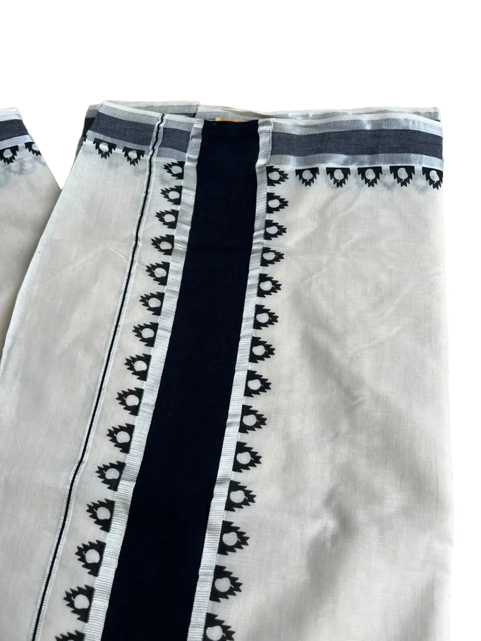 Southloom Kerala Cotton Temple Printed Saree With Black and Silver Border SL530