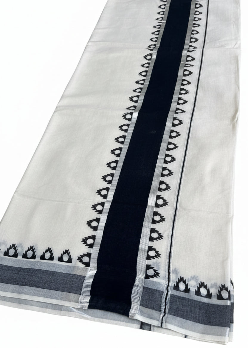 Southloom Kerala Cotton Temple Printed Saree With Black and Silver Border SL530