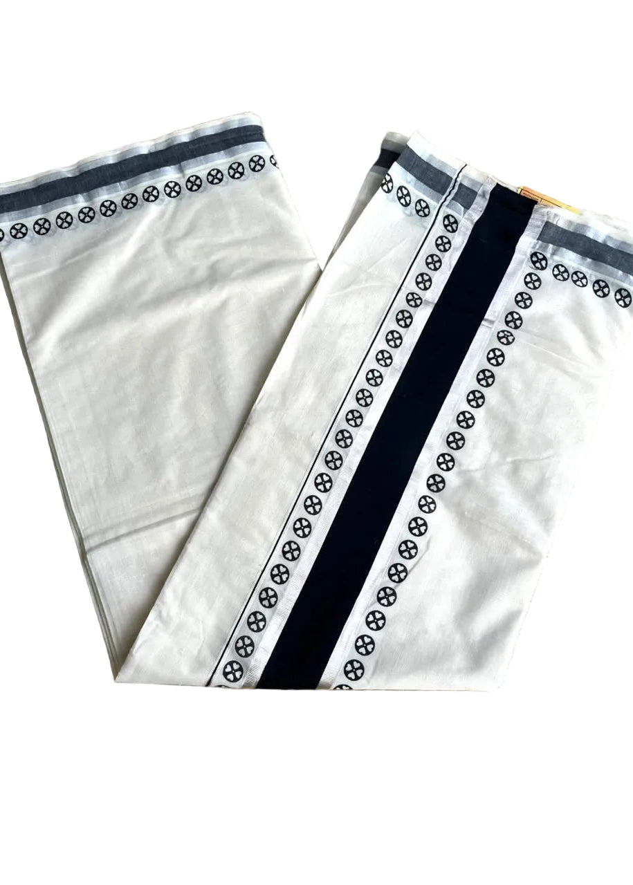 Southloom Kerala Cotton Printed Saree With Black and Silver Border SL530